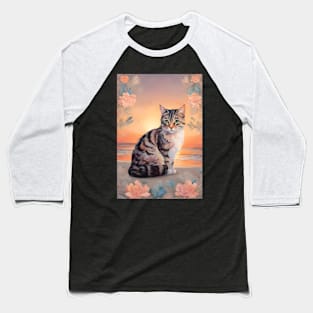 Floral Cat Pastel With Beautiful Sunset Baseball T-Shirt